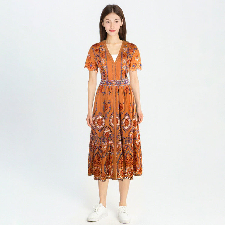 Exotic Day Cutwork Embroidery Casual Midi Dress