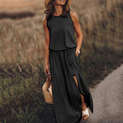 Women's Round Neck Solid Cotton-Blend Boho Maxi Dress