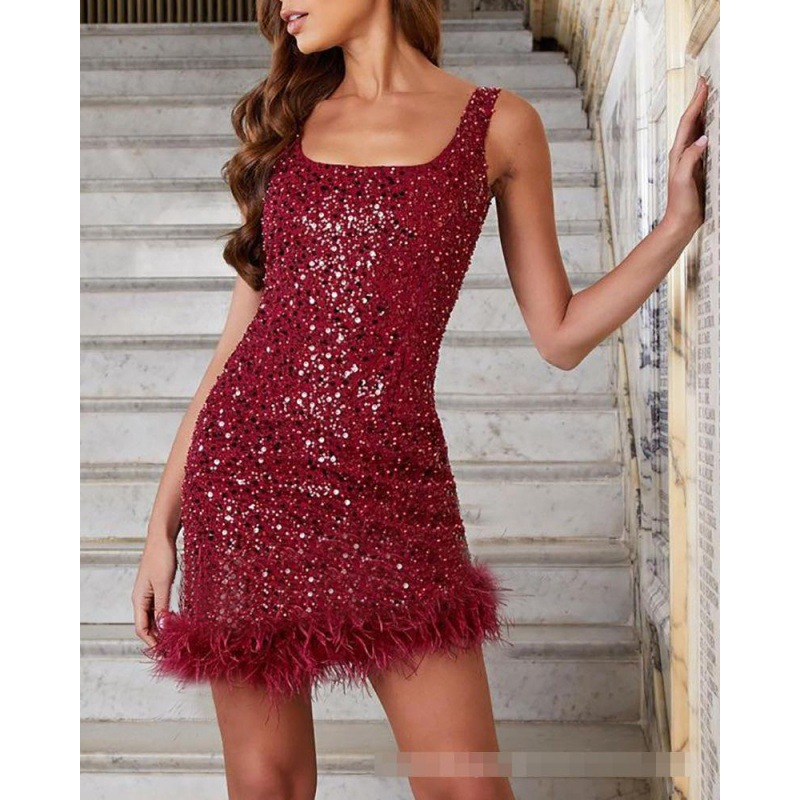 Sleeveless Sequin Feather Mini Dress