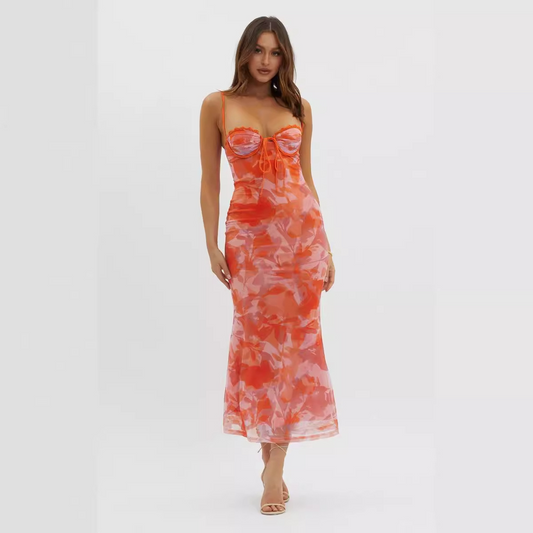 Orange Lace Trim Mesh Midi Dress