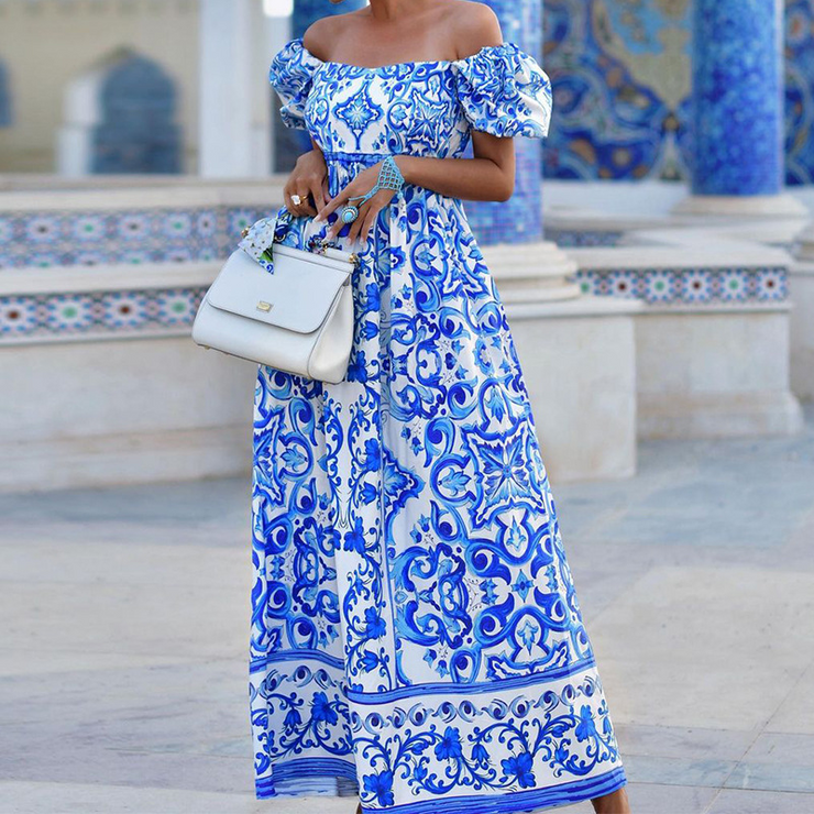 Printed Off-Shoulder Short Sleeves Maxi Dress