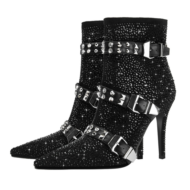 Diamond Belt Buckle Pointed High Heels Women's Short Boots