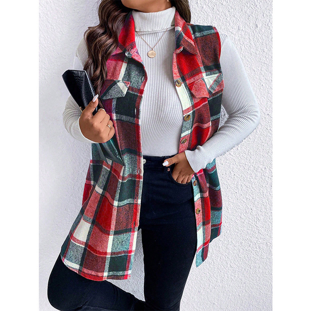 Patchwork Plaid Sleeveless Shirt Collar Waistcoat