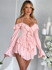 Halter Neck Ruffled Trim Mini Dress