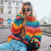 Rainbow Striped Turtleneck Bohemian Sweater