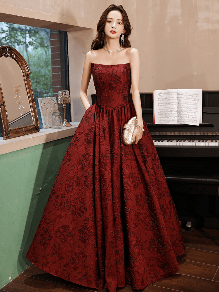 Prettyunik Elegant A-Line Strapless Embroidered Floor-Length Evening Dress