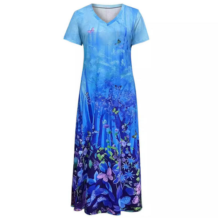 Floral Printed V Neck Short Sleeves Long Casual Dress