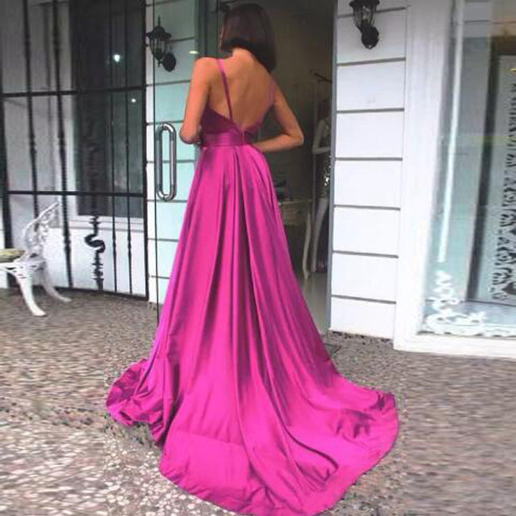 Magenta Satin Deep V-Neck Suspender Prom Dress