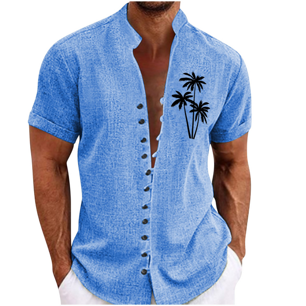 Stand Collar Coconut Tree Printed Casual Shirt