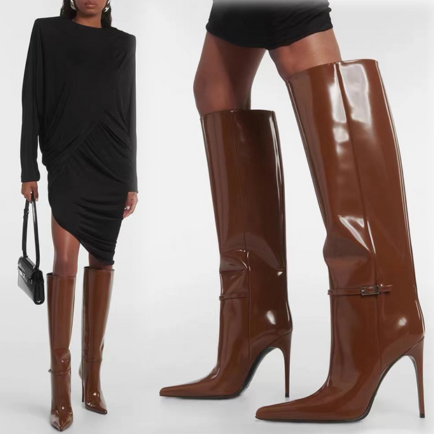 Pointed Toe Stilettos Buckle Knee High Boots