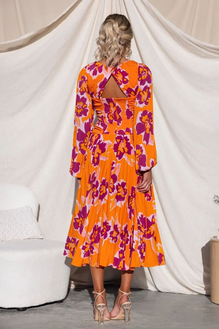 Floral Deep V Neck Long Sleeves Pleated Dress