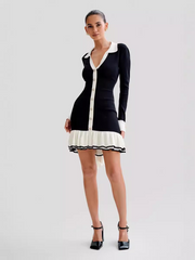 Bow Tie Ruffle Pearl Button Long Sleeve Knit Dress