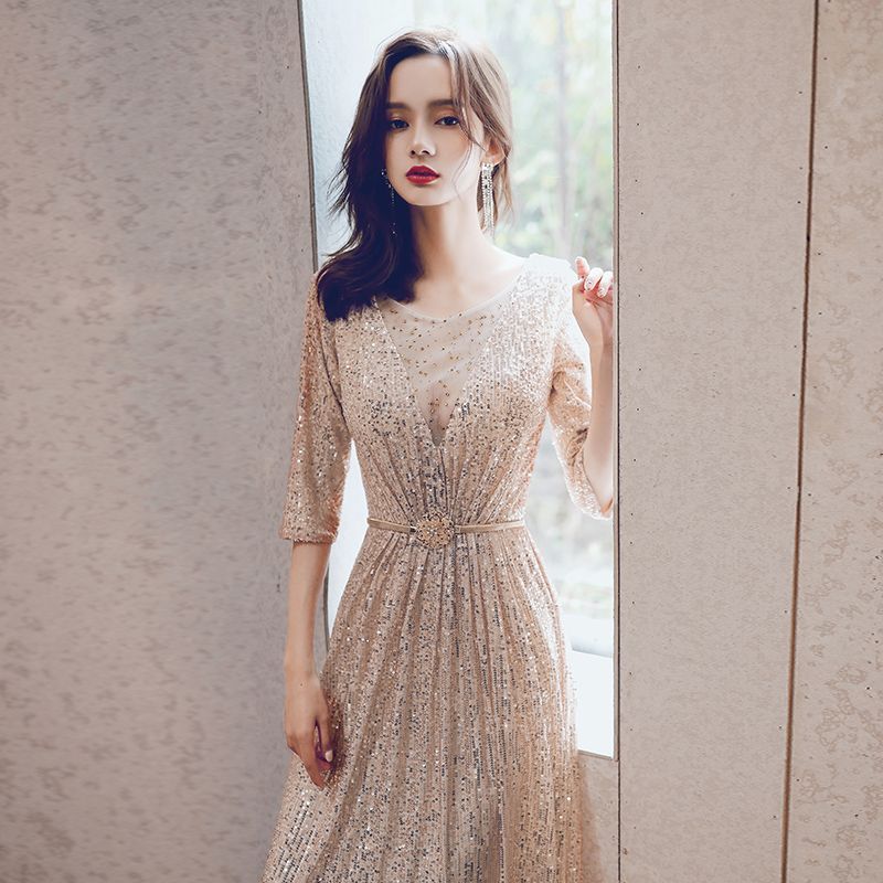 Gold Sequined Round Neck Mid-Sleeve Evening Dress