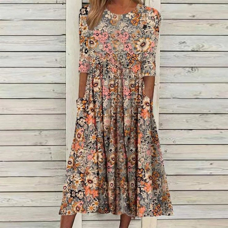 Women's A Line Floral Print Crew Neck Half Sleeve Midi Dress