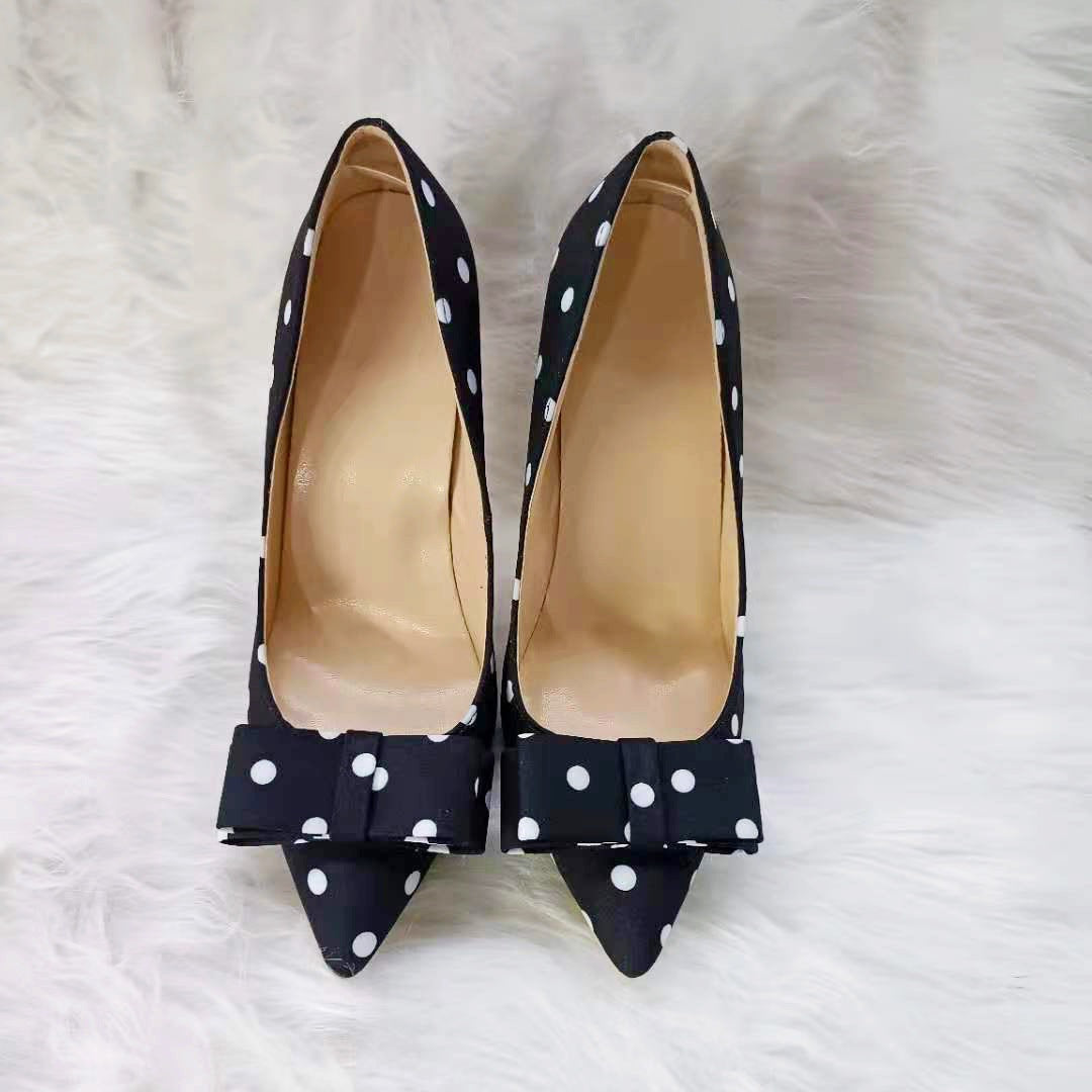 Black Satin Bow Heels Polk Dot Heeled Dress Shoes Pumps