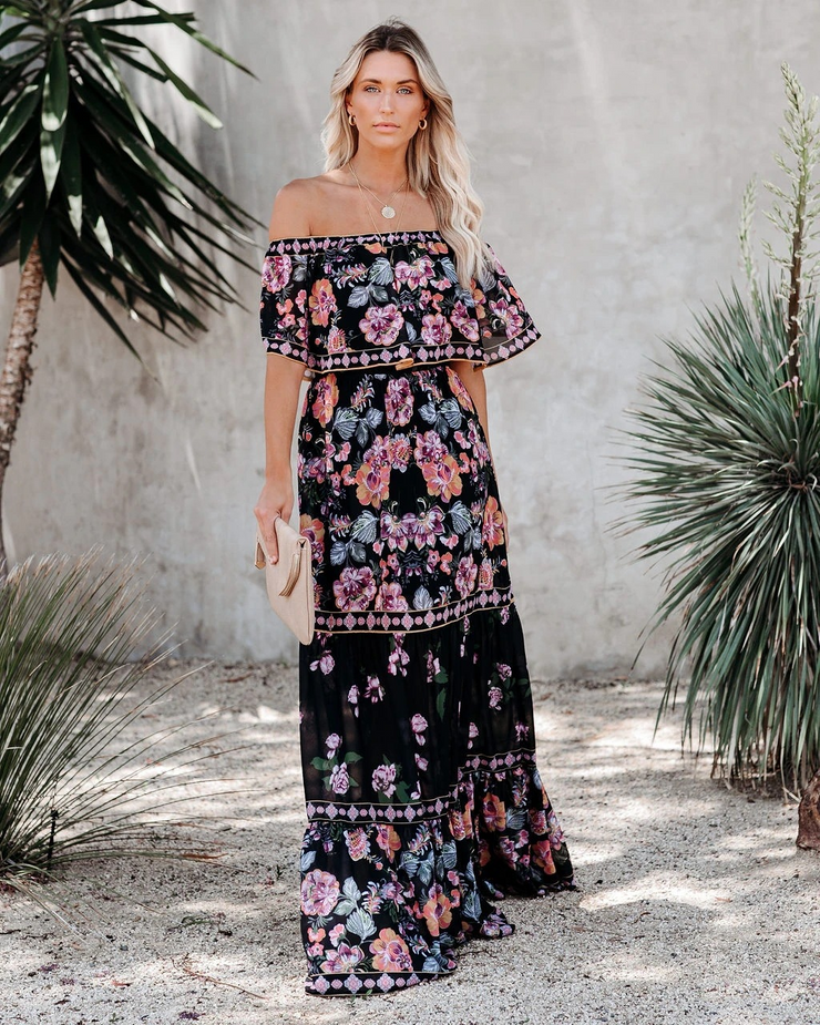 Floral Chiffon Off Shoulder Ruffled Tiered Maxi Dress