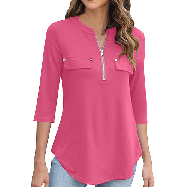 Zipper Split Neck Long Sleeve Shirt