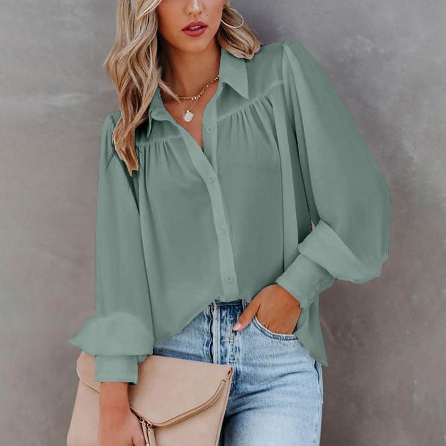 Women V-Neck Casual Long Sleeves Blouse Top