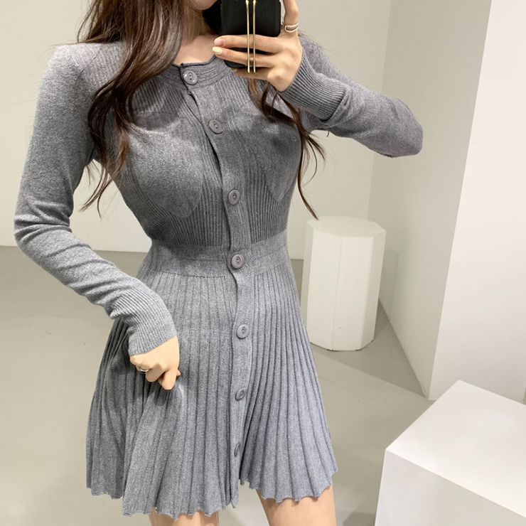 Ribbed Long Sleeve Round Neck Button Down Pleated Dress