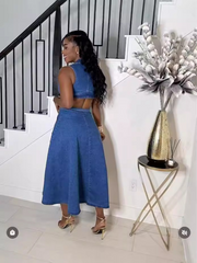 Denim Cut Out Waist Maxi Dress