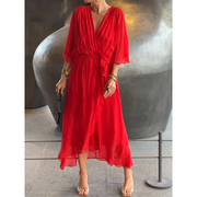 Elegant Chiffon Deep V Neck Belted Long Dress