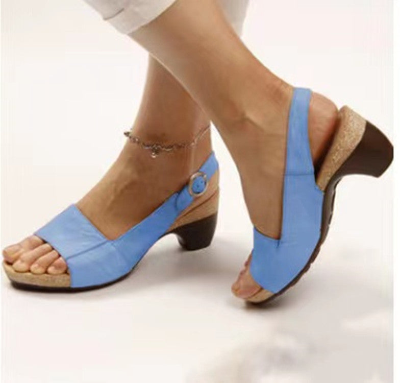 Retro Solid Simple Open Toe Chunky Heel Sandals