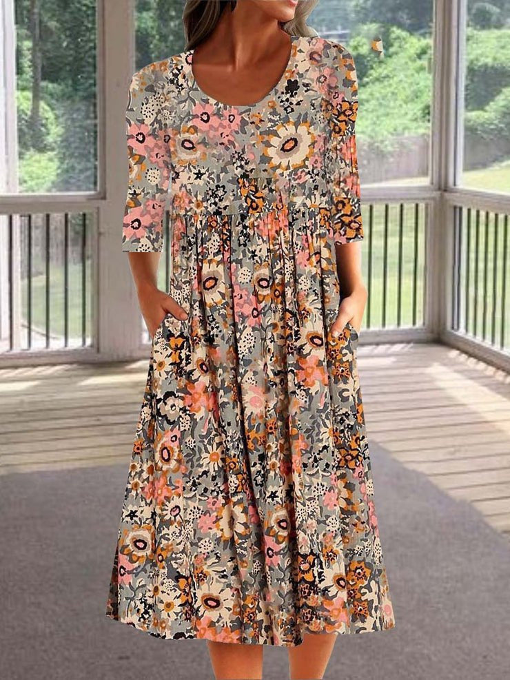 Women's A Line Floral Print Crew Neck Half Sleeve Midi Dress