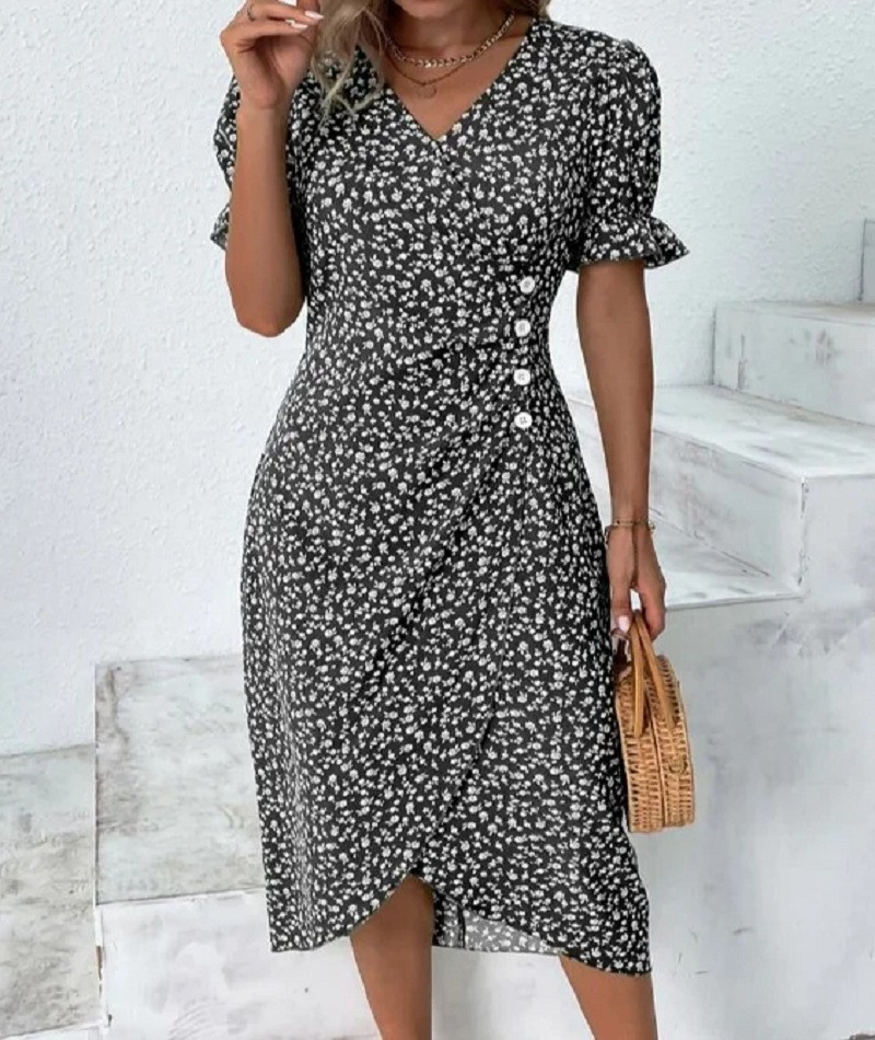 Floral V Neck Half Sleeves Casual Dress