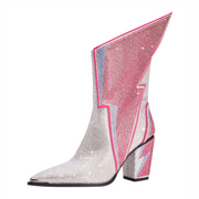 Calf Pointed Head Lightning Water Diamond Large Heel Short Boots