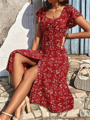 Floral Printed Square Neck Short Sleeves Casual Dress