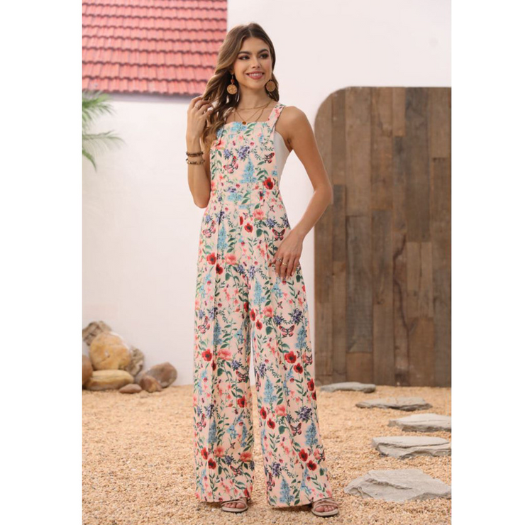 Corduroy Floral Printed Wide Leg Jumpsuit