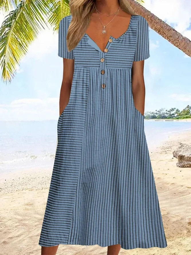 Striped Printed Short Sleeves Casual Dress