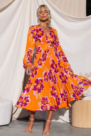 Floral Deep V Neck Long Sleeves Pleated Dress