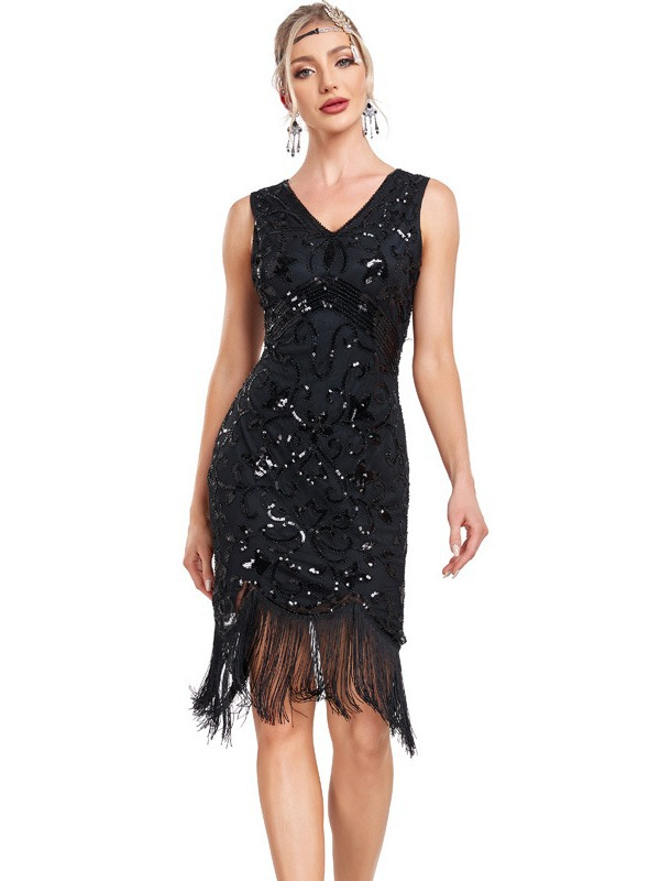 Black V Neck Sleeveless Sequin Fringe Dress