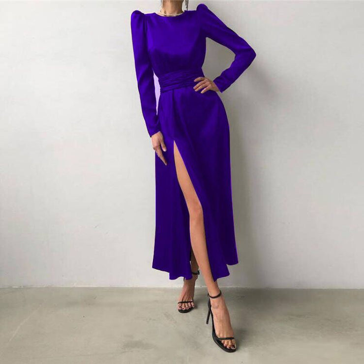 Satin Round Neck Long Sleeved Split Prom Dress