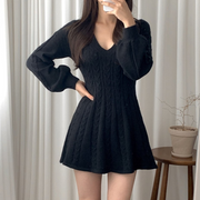 V Neck Long Sleeve Sweater Dress