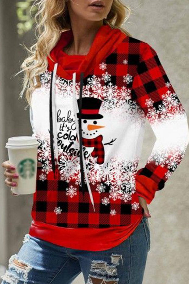 Snowman Print Drawstring Red Hoodie