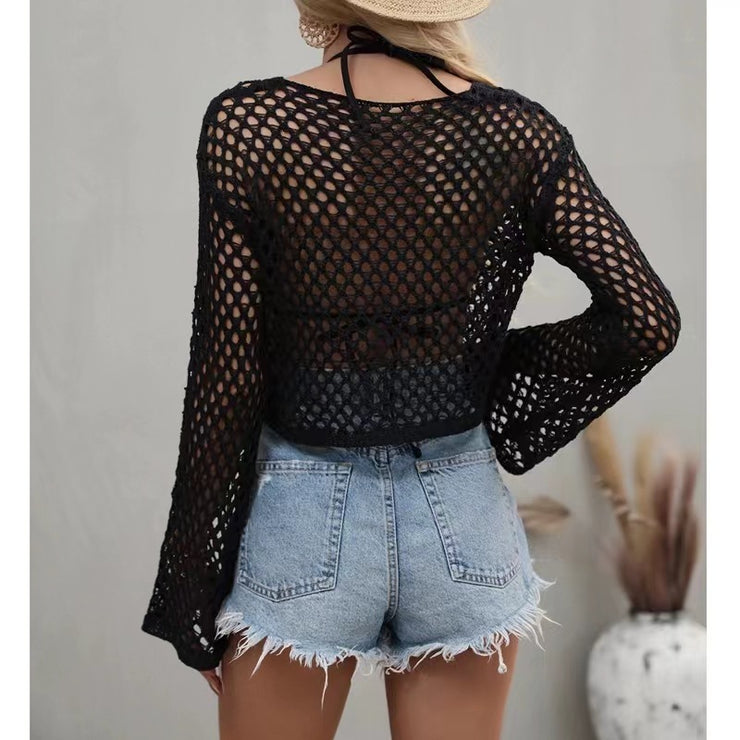 Sheer Crochet Long Sleeve Swim Cover-Up Top