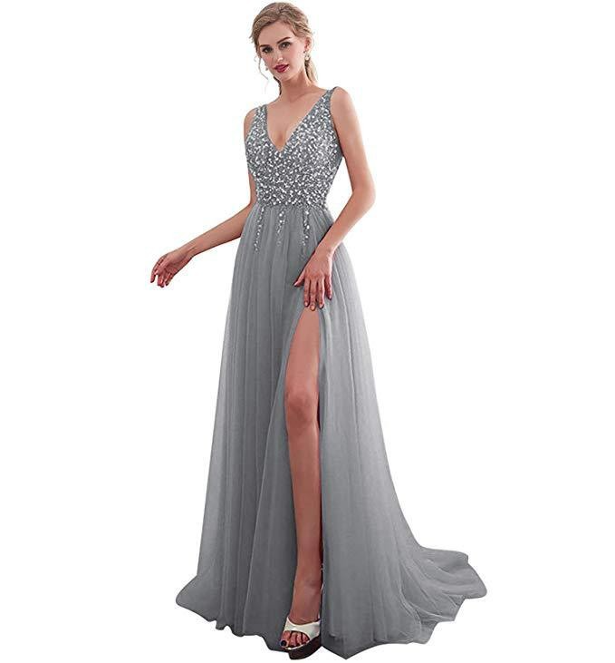 A-Line Deep V Neck Front Slit Bridesmaid Dress