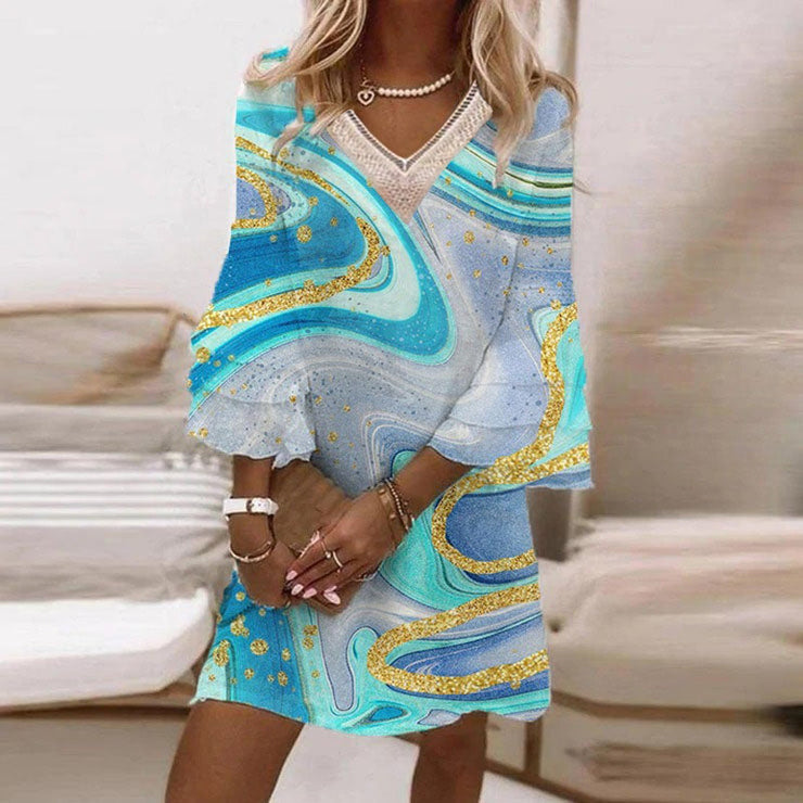 Women Tribal Boho V Neck Loose Short Tunic Short Dress