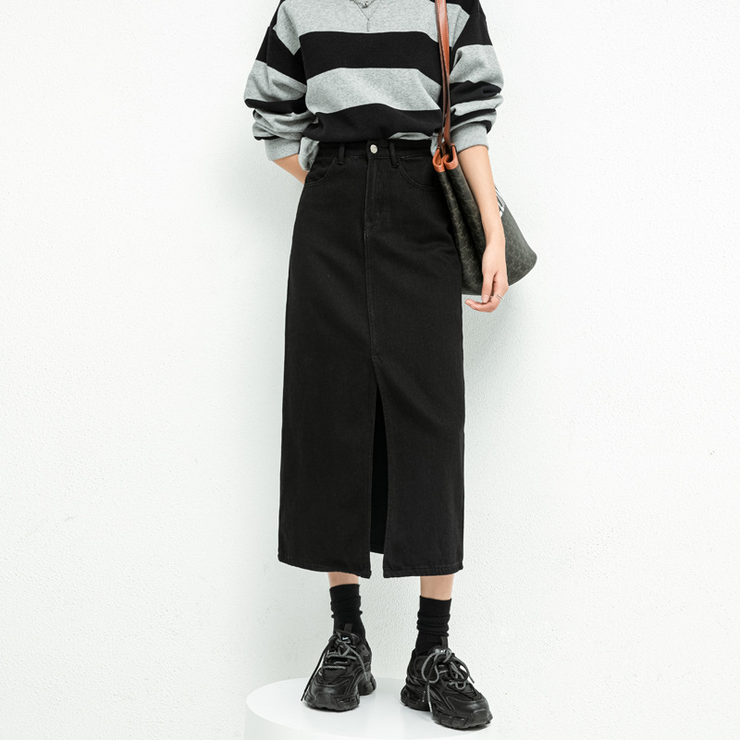 Black Long Denim Skirt