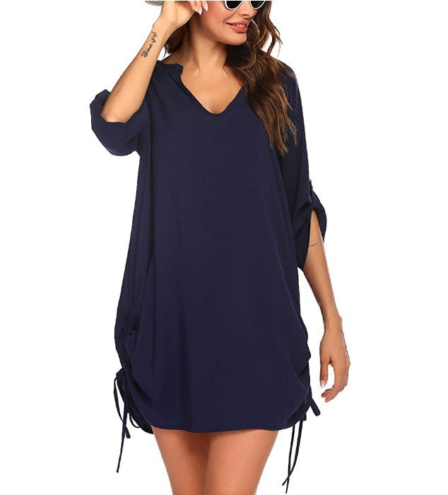 Split Neck Drawstring Side Solid Beach Cover Up