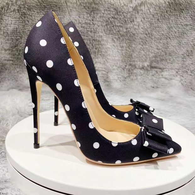 Black Satin Bow Heels Polk Dot Heeled Dress Shoes Pumps