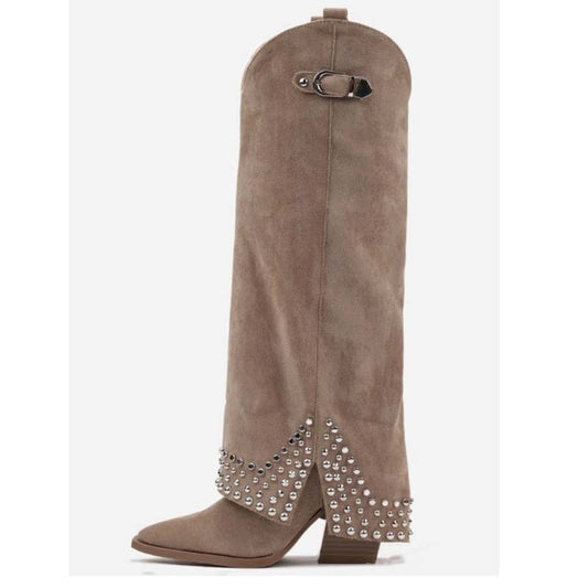 Tan Suede Flap Heel Boot