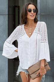 Ruffles V-Neck Buttons Flared Sleeves Hollow Casual Top