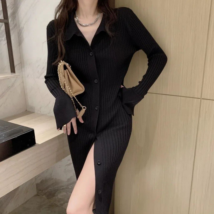 Collar Button Up Rib Knit Midi Dress