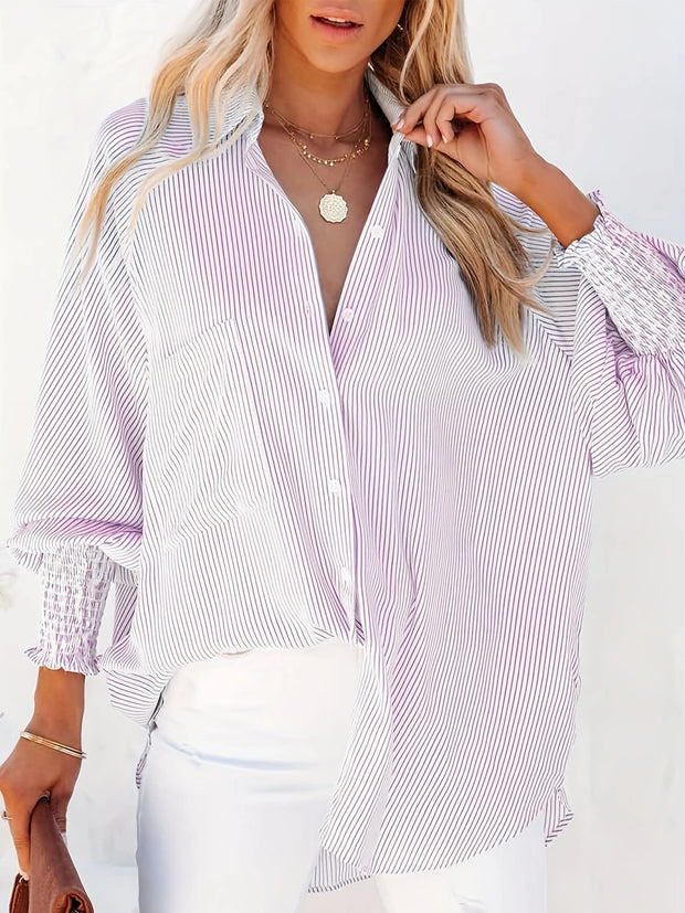 Women's Stripes Pleated Long Sleeves Turndown Collar Blouse