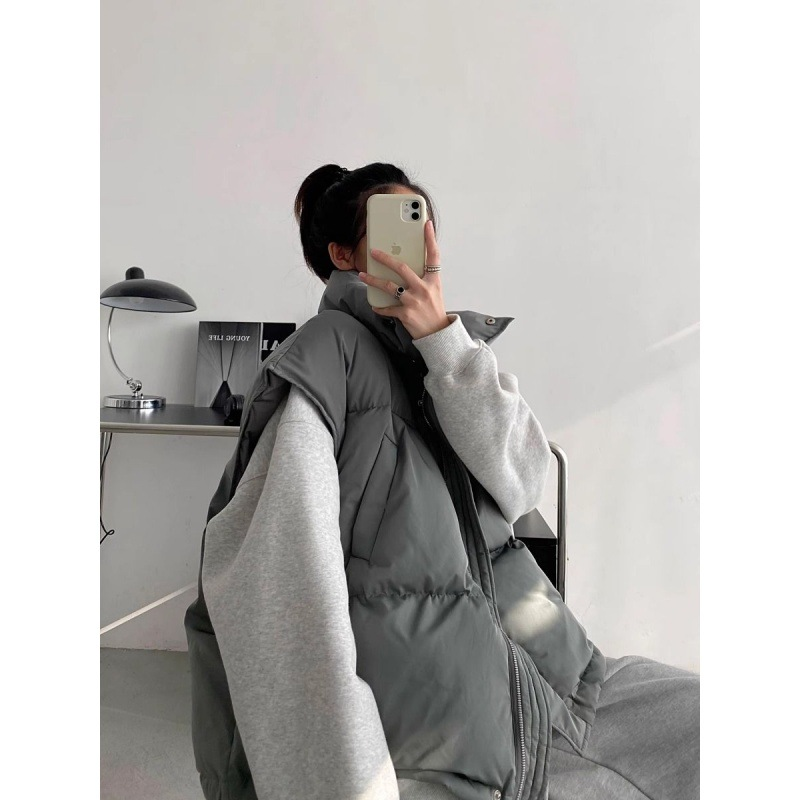 Drawstring Hem Sleeveless Zip Front Puffer Pockets Coat