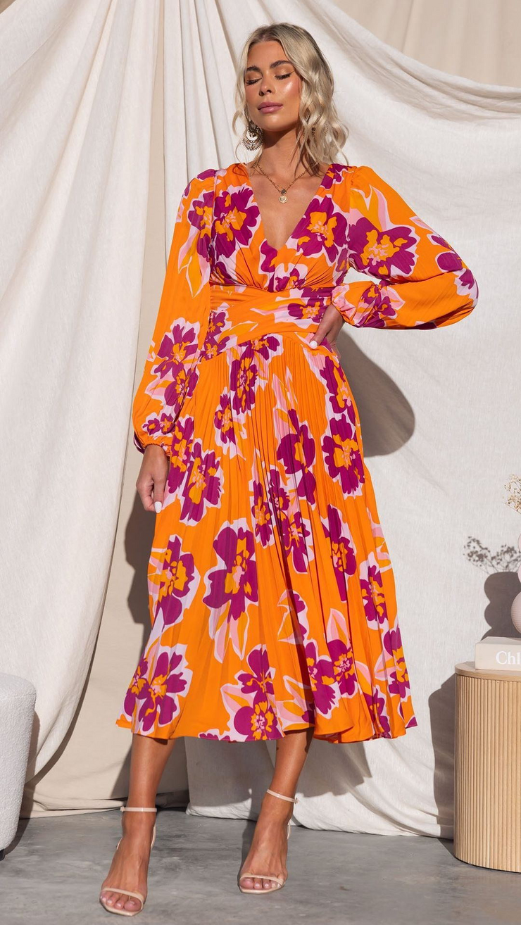 Floral Deep V Neck Long Sleeves Pleated Dress