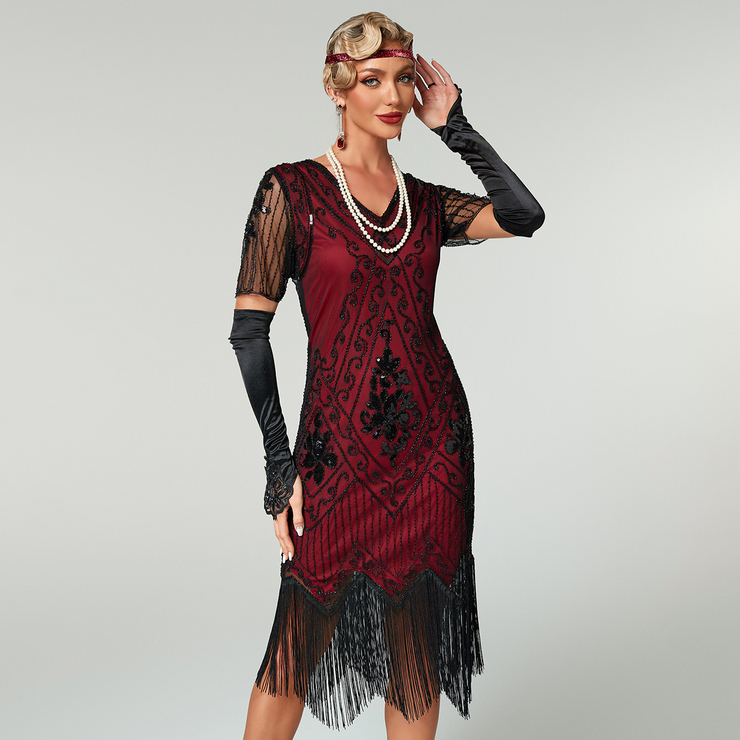 Sequin Short Sleeves Fringe Flapper Dress